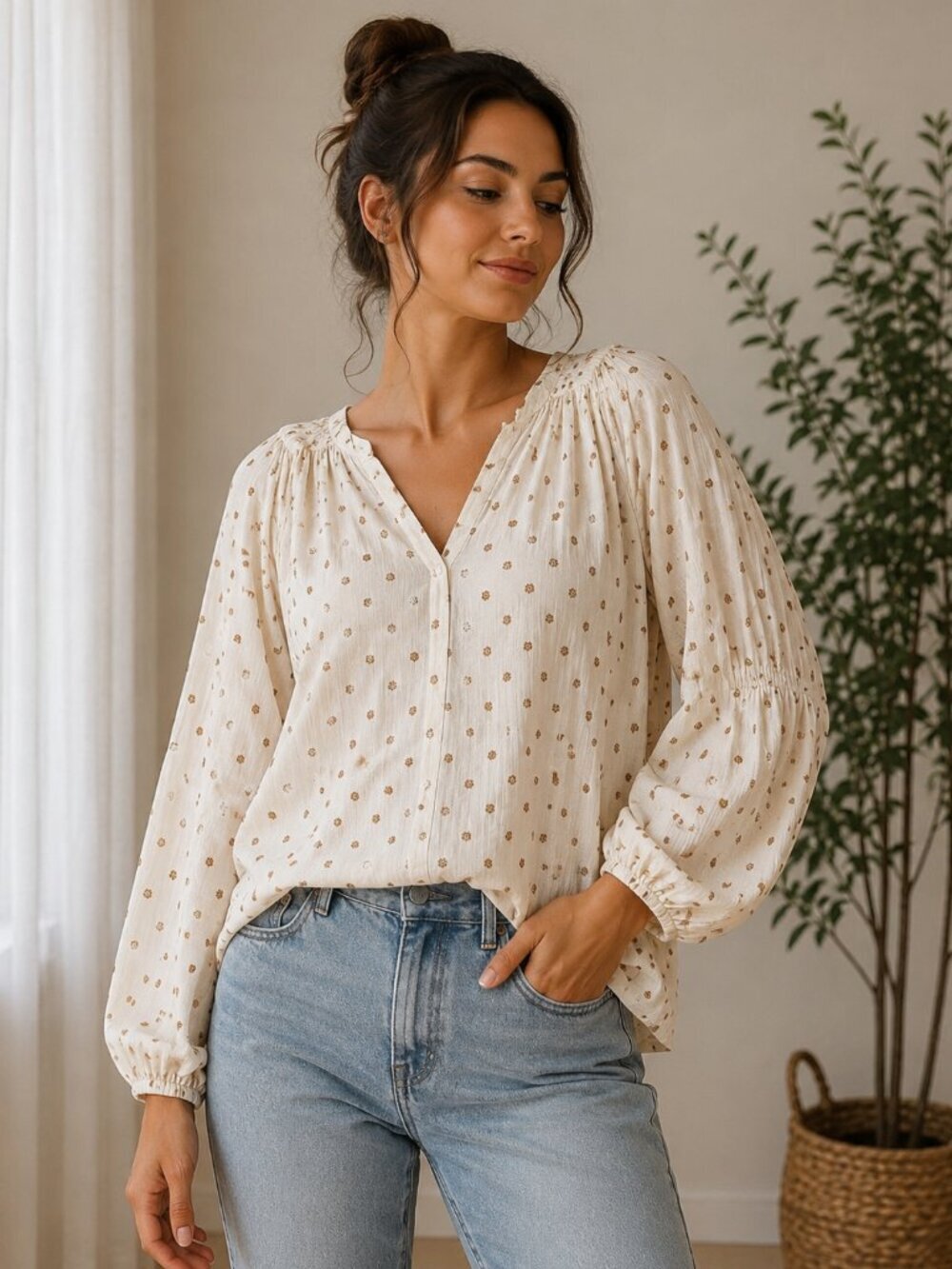 Melrose & Market Smock Top XS Ivory Tan Ditsy Floral Long Sleeve NWT